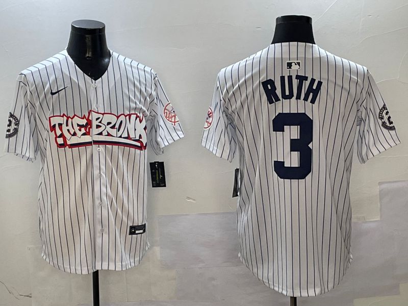 Men New York Yankees #3 Ruth White Stripe four generations Joint Name 2025 Nike MLB Jersey style 1